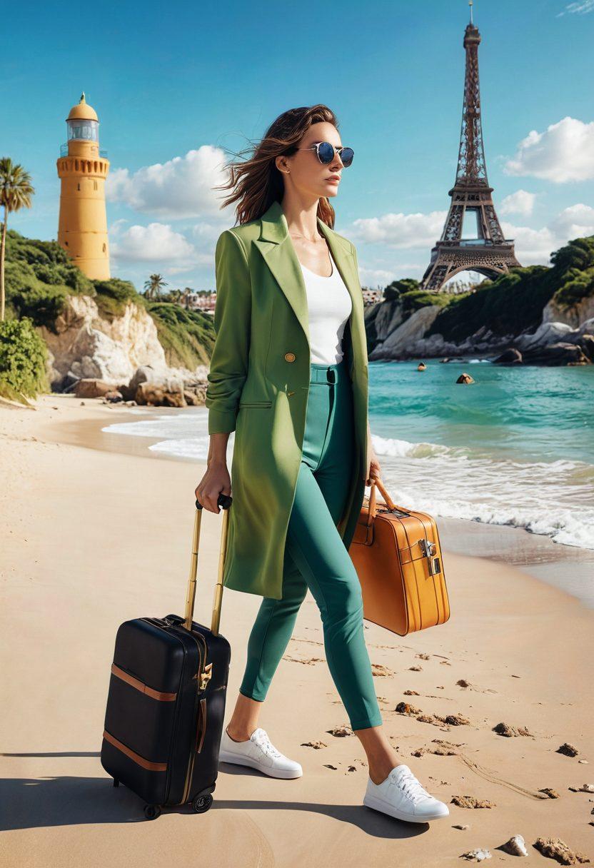A vibrant collage depicting a fashionable person confidently striding through a sunny beach with a suitcase, adorned with trendy attire and wellness accessories like yoga mats and healthy snacks. In the background, iconic landmarks symbolize travel adventures, while lush greenery and calming colors represent wellness. The sky is filled with a warm golden glow, symbolizing positivity and joy. super-realistic. vibrant colors. 3D.