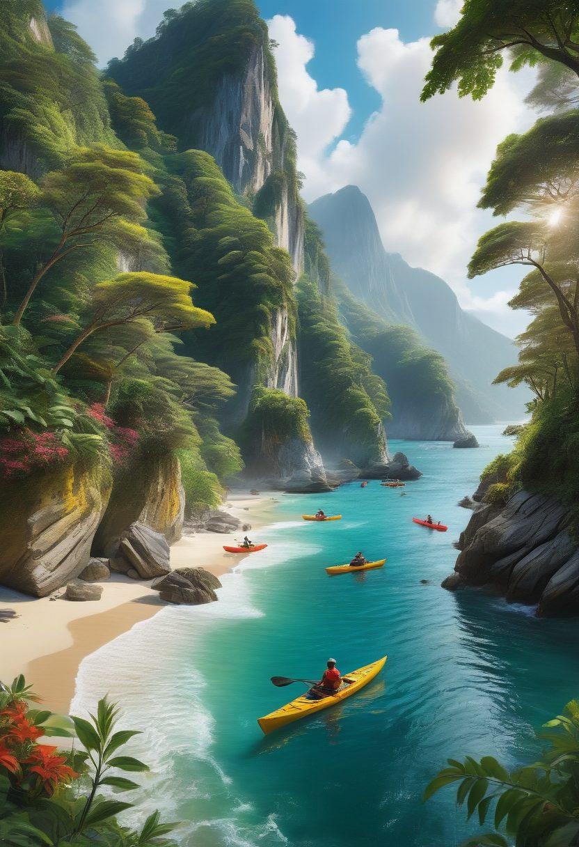 A breathtaking landscape showcasing a diverse group of travelers immersed in transformative experiences, featuring majestic mountains, serene beaches, and lush forests. Highlight cultural interactions, adventure activities like hiking and kayaking, and moments of joy and discovery. Envelop the scene in vibrant colors that evoke wanderlust and exploration. super-realistic. vibrant colors. panoramic view.