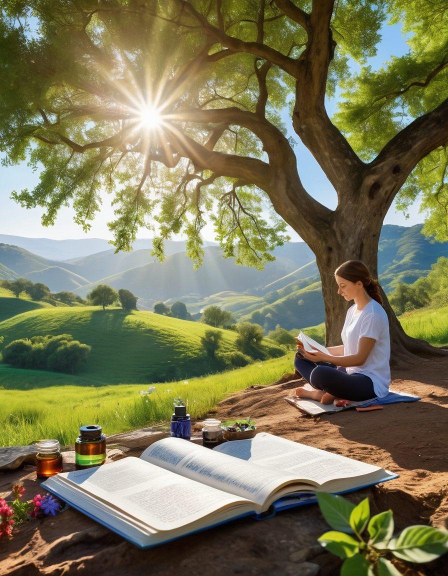 A serene nature scene depicting a person meditating under a large, blooming tree, surrounded by soft sunlight filtering through the leaves. In the foreground, incorporate elements like herbal tea, a journal, and essential oils, symbolizing wellness tips. The background should feature rolling hills and a clear blue sky to enhance the feeling of tranquility. Bright and inviting colors to convey a sense of peace and health. vibrant colors. super-realistic.